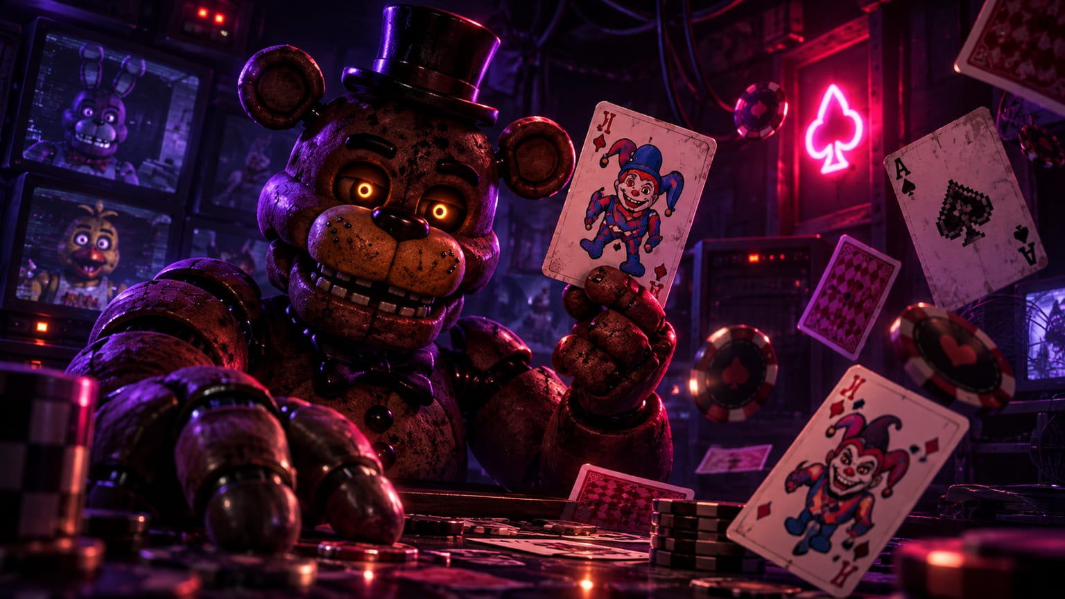 Illustrative crossover artwork of a top-hatted animatronic bear surrounded by playing cards.